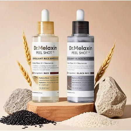 Two Dr. Melanxin skincare products with black rice and rice grains on a beige background